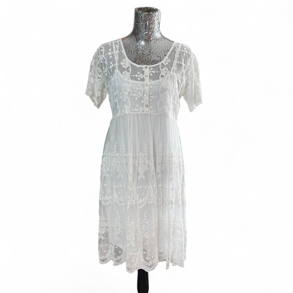 White Lace Prairie Midi Dress Floral Cottagecore Boho Romantic‎ Fairy Large